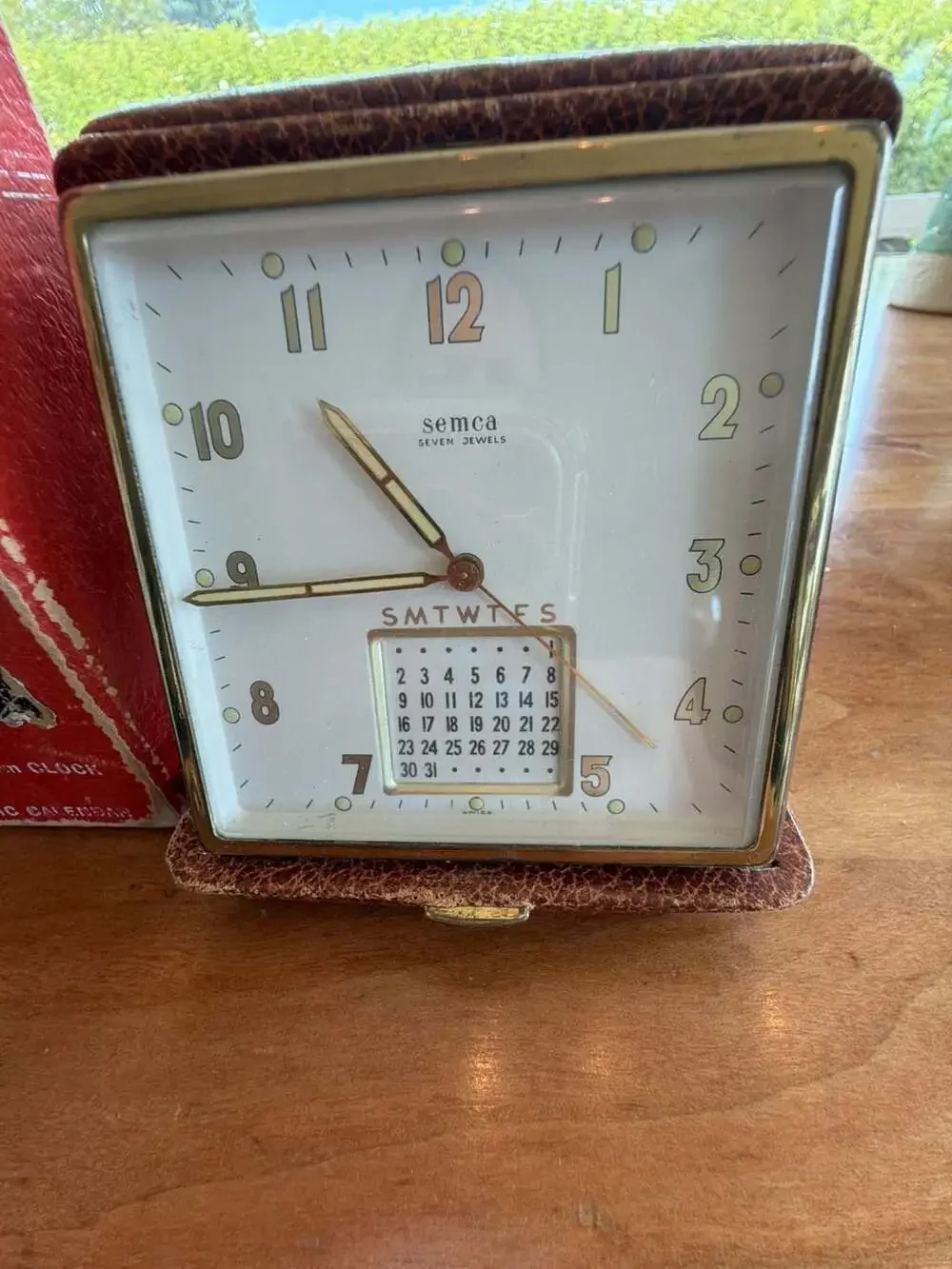 Vintage Semca 7 Jewels Swiss Traveling Alarm Clock with 22-Year Automatic Calend